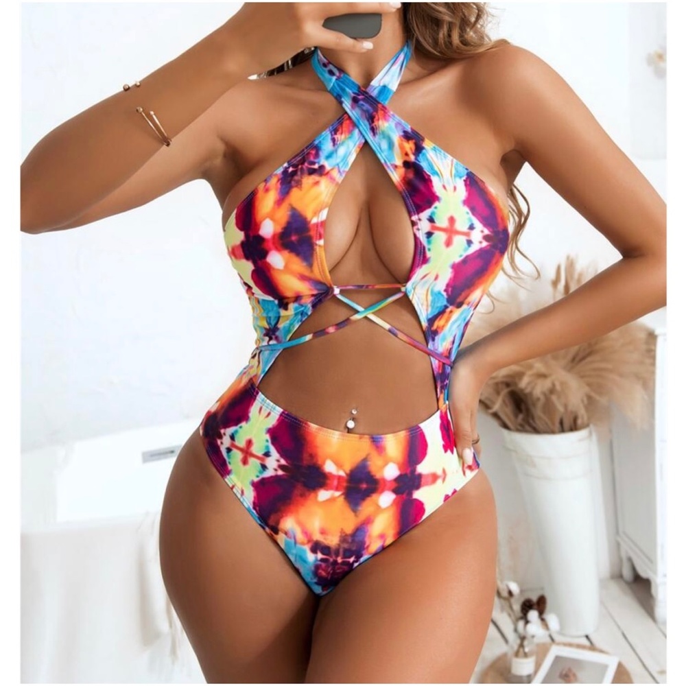 Boho Tie Dye lace up One piece Monokini Swim Beach - Picture 1 of 9
